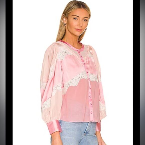 LoveShackFancy Fia Skirt & Zaria Blouse Pink Colorblock Silk Large/Med Revolve - Picture 3 of 16